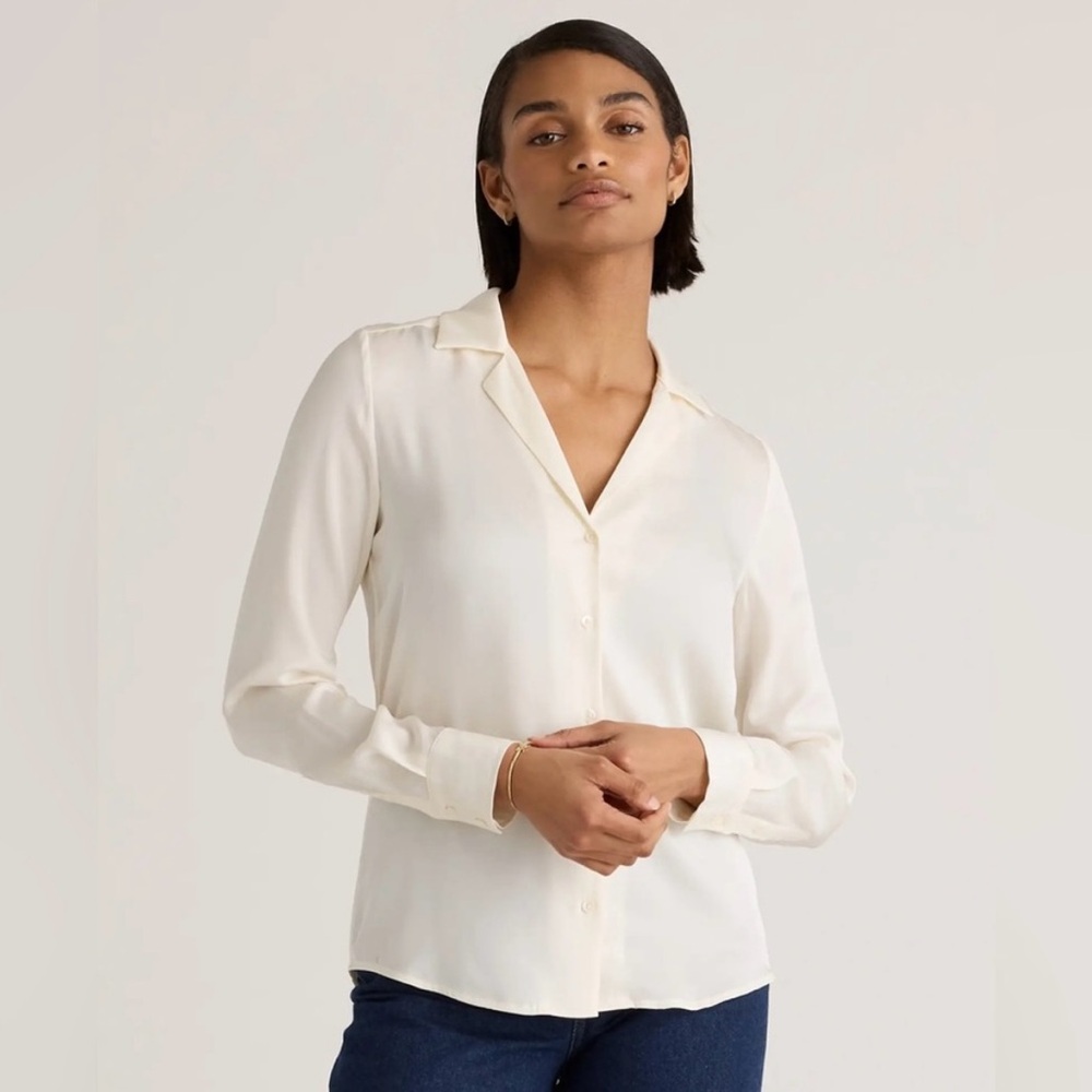 Quince Silk Blouse Washable Stretch Silk Notch Collar Blouse Ivory Size Small